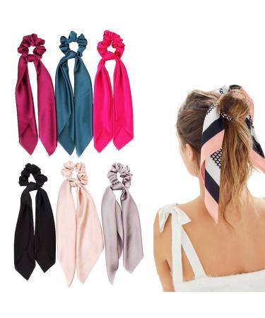 Silk Satin Hair Scrunchies Hair Scarf with Bow Silk Elastic Hair Bands Stripe Printed Hair Bobbles for Ponytail Holder (6 Pcs Solid Colors)