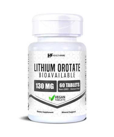 HealthFare Lithium Orotate Supplement 130mg | 60 Vegetarian Tablets | High Bioavailability Trace Mineral | Mood Brain & Memory Support | Non-GMO Gluten-Free | Made in USA