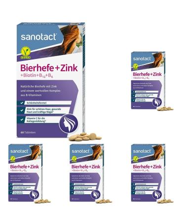 Sanotact beer yeast + zinc 60 tablets skin hair nails vegan hair vitamins with brewer's yeast zinc biotin b12 b6 highly effective intensive beauty formula (pack with 5) 60 tablets 60 pieces (5 Pack)