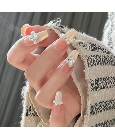 French Tip Press on Nails - Long Press On Nails with Nail Tips White Love heart Rhinestones Chain Diamond Design Glossy nake color press on nails Acrylic False Nails Cute Artificial Nails - Buy Online on GoSupps.com