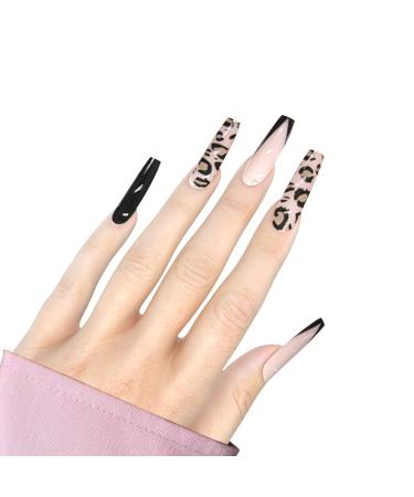 Black Leopard Extra Long Nude Coffin Press on Nails - 24PCS Luxury Acrylic Glossy False Nails for Women and Girls - Buy Online on GoSupps.com