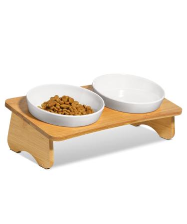 MSBC Raised Cat Bowl with Bamboo Stand, Elevated Pet Feeder with 2 Melamine Bowls, Tilted Food and Water Cat Feeding Dish, Protect Pet's Spine, Whisker Stress Free Anti Vomiting, White