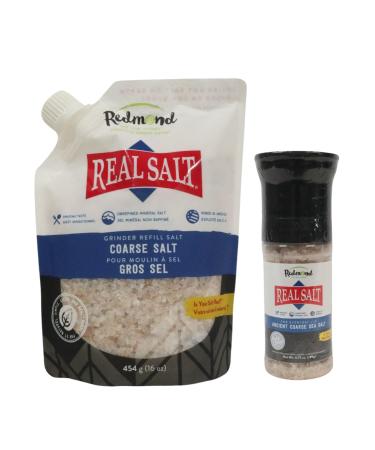 Redmond Real Salt - 4.5 OZ Unrefined Salt Grinder and 16 OZ Coarse Salt for Grinder Refill - Unrefined and Non Iodized Mineral Coarse Sea Salt. Experience the Best Tasting All Natural Salt.