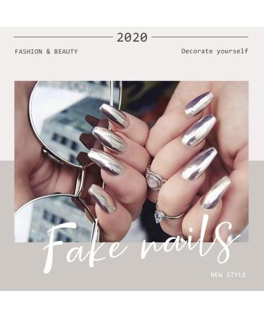 Fairvir False Nails Bling Artificial Metallic Mirror Sliver Full Cover Acrylic Fake Nails Fashion Party Clip on Nails for Women and Girls - Buy Online on GoSupps.com