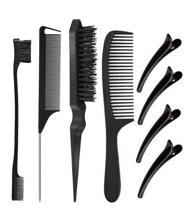 8 Pieces Teasing Hair Brush Set, Nylon Teasing Hair Comb with Edge Brush, Rat Tail Comb, Wide Tooth Comb and Duckbill Hair Clips for Women Girls Men Styling, Combing, Slicking Hair (Black)