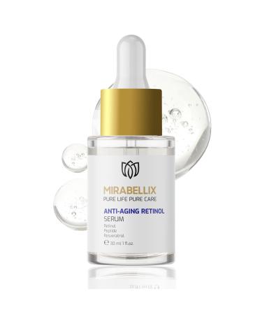 Mirabellix Anti-Aging Retinol Serum 30ml With Peptide Resveratrol & Vitamin A Reduces Fine Lines & Wrinkles Improves Skin Elasticity & Even Tone For Dry Oily & Normal Skin