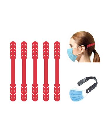 TBOC adjustable mask extension - Pack 5 units ear hooks red silicone ear holding for mouth protection mask extender to extend rubber band with adjusting buckles for neck and ear pain
