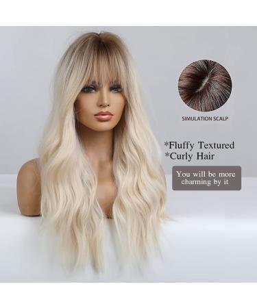 Esmee 26 Blonde Wig with Bangs - Ombre Wavy Synthetic Hair with Dark Roots | Perfect for Daily Wear, Parties, and Cosplay - Buy Online on GoSupps.com