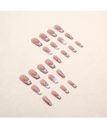 Buy MISUD Long Coffin Press on Nails - Glossy Pink Acrylic Ballerina False Nails with Glitter French Tips - 24 pcs V01Pink - Buy Online on GoSupps.com