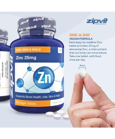 Zinc 25mg 360 Vegan Tablets - Supports Hair, Skin, Nails, Immune System, Bone Health & Cognitive Function - Buy Online on GoSupps.com