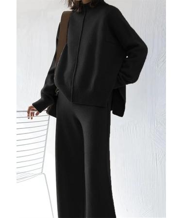 Fixmatti Women's Knitted High Neck Sweater Wide Leg Pant Set - Yy-black Large - Buy Online on GoSupps.com