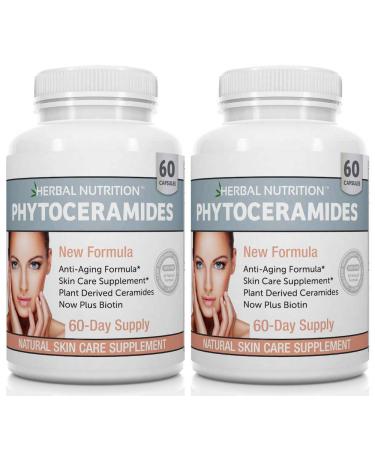 Phytoceramides Rice Based with Biotin Anti Aging Supplement Wrinkle Remover and Facial Moisturizing with Phytoceramides Vitamin A C D and E Two Bottle Pack 120 Capsules 40mg Gluten Free