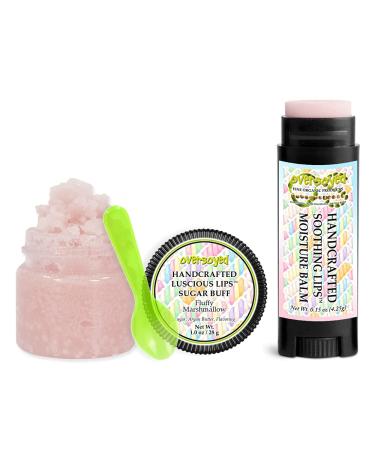 Fluffy Marshmallow Soothing & Luscious Lips by OverSoyed Exfoliator & Chapped Lip Repair Lip Care Combo | Artisan Handcrafted to Order Fluffy Marshmallow Creamy Caramel Sweet Flavored Exfoliating Sugar Lip Scrub & Lip Moist