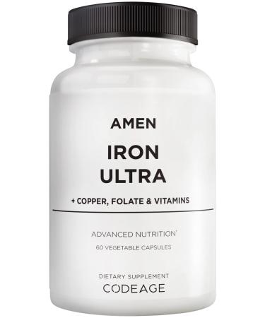 Amen Iron Ultra Supplement + Copper Folate Vitamin C and Vitamin B12-2-Month Supply - Ferrous Sulfate Iron Vitamin - Iron 65mg Per Serving - Iron Folic Acid - Non-GMO Iron Pills - 60 Capsules