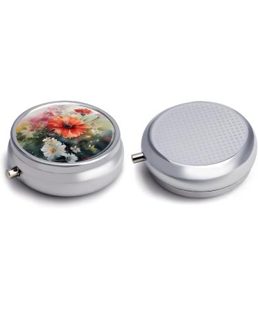 Round Pill Box Watercolor Print - 3 Compartment Portable Medicine Organizer | Decorative Metal Pocket Pill Case - Buy Online on GoSupps.com