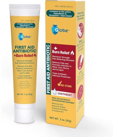 Globe {2 Oz) Dual Action Burn Relief & First-Aid Antibiotic Ointment for 24-Hour Infection Protection & Maximum Strength Burn Pain Relief with Bacitracin Zinc Neomycin, & Pramoxine HCL