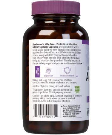 Bluebonnet Nutrition Milk-Free Probiotic Acidophilus & FOS Digestive Health* Immune Health* Gluten-Free Soy-Free Dairy-Free 250 Vegetable Capsules 250 Servings - Buy Online on GoSupps.com