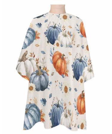 Fall Blue Orange Pumpkin Barber Cape - Salon Hair Cutting Cape for Women Men Kids Adults Autumn Thanksgiving Retro Leaf Haircut Cape with Adjustable Elastic Neckline Hairdressing Stylist Accessories 1 piece 55x63 Inch Blue Biscotti Beige