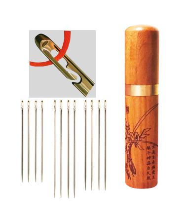 self Threading Needles, Needle Threader with Needle case Carving Pattern Golden 12 Pack orchid - Side Thread small