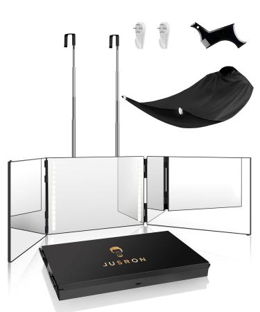 JUSRON 3 Way Mirror for Hair Cutting  360 Mirror with Height Adjustable Hooks for Door  Bathroom  Portable Trifold Shaving Barber Mirror for Makeup  Cut  Trim  Shave Gift (Black with LED)