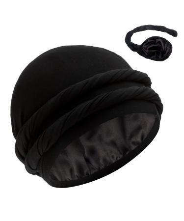 Silk Satin Lined Halo Turban Bonnet - Pretied Tail Design Head Wrap Durag for Men and Women - Sleep Cap Hair Cover Black