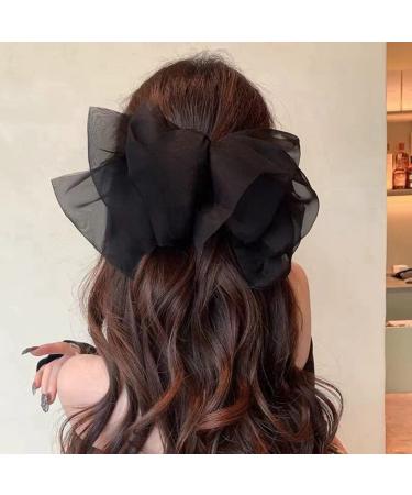 SHTGOI Women's Hair Bows Clip Chiffon Tulle Bows Hair Clips Bow Hair Clip Plain Hair Pins Vintage Elegant French Barrettes Hair Styling Accessories Black