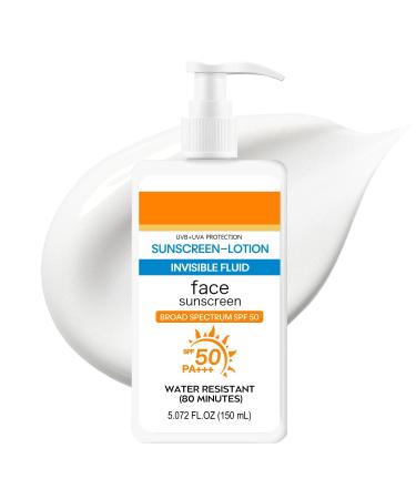 Sunscreen SPF 50 PA+++ Invisible Fluid Sun Cream SPF 50+ Moisture Sun Lotion Cream Large-capacity Suncream Factor 50 for Face & body Sweat &Water Resistant Broad Spectrum UVA/UVB Protection