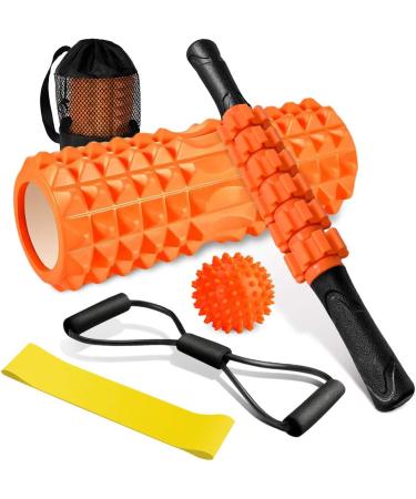 QveeTry 6-in-1 Foam Roller Set - Fascia Roll Massage Roller Rod & Fitness Straps for Yoga & Pilates - 33cm Orange | International Shipping - Buy Online on GoSupps.com