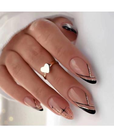 24 Pcs Press on Nails Medium Almond Shape False Nails with Design  Black Nail Tips Full Cover Glue on Nail Black Gold Glitter Lines Acrylic Nails Cute Star Fake Nails for Women DIY Manicure Decor