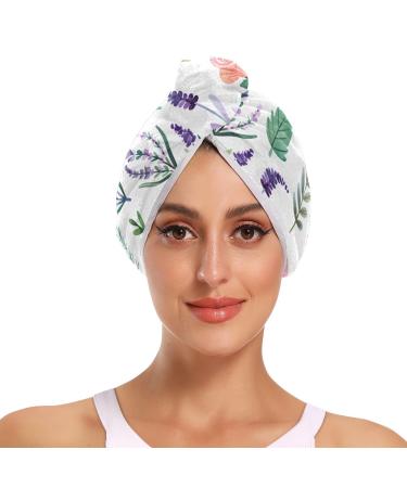 Flowers Lavender Leaves Cactus Hair Towel 2 Pack Super Absorbent Hair Drying Towel Quick Dry Hair Turbans Head Towel with Button Twisty Wrap for Women Girls