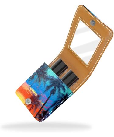 Stylish Leather Lipstick Case with Mirror - Mini Lip Gloss Organizer | Colorful Tropical Tree Sunset Design - Buy Online on GoSupps.com