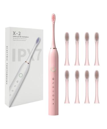 Rechargeable Electric Toothbrush Waterproof Whitening Electric Tooth Brushes with 8 Brush Heads for Adults and Kids Whitening Toothbrush with 6 Cleaning Modes and Smart Timer(Pink)