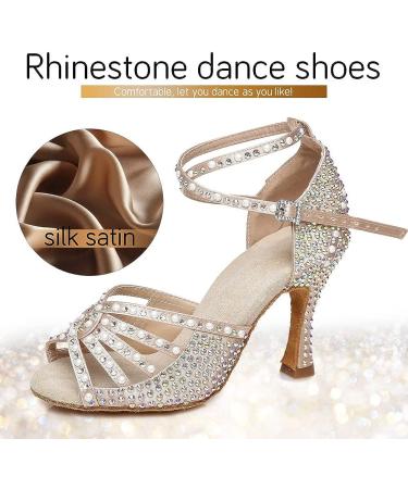 JUODVMP Women's Rhinestone Latin Dance Shoes Satin Ballroom Salsa Performance Shoes - Nude, 3 Inch Heel - Buy Online on GoSupps.com