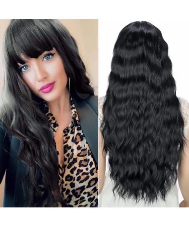 YEESHEDO Long Black Wigs for Women Natural Curly Wavy Synthetic Hair Wig with Fringe for Girls Cosplay Party or Everyday Wear