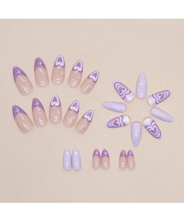 24 Pcs Almond Medium Long French Press on Nails with Purple Heart Design - Manicure Tool Kit Included - Buy Online on GoSupps.com