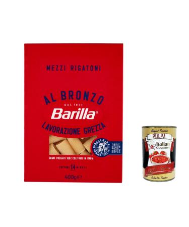 Italian Gourmet E.R. Barilla Mezzi Rigatoni al Bronzo Pack of 10 Bronze Extruded Pasta 400g Raw Processing Method + Italian Gourmet Polpa 400g