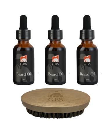 G.B.S Beard Oil 30ml Set of 3 Bottles with Wooden Boar Bristle Beard Brush