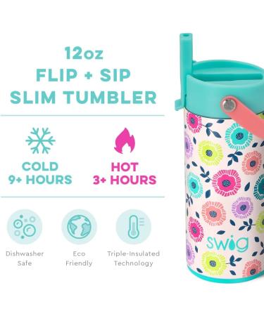 Swig Life 12oz Insulated Kids Water Bottle - Dipsy Daisy Design | Straw & Flip + Sip Handle, Dishwasher Safe, Stainless Steel - Girls & Boys - Buy Online on GoSupps.com