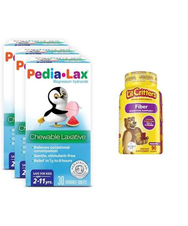 Pedia-Lax Laxative Chewable Tablets for Kids Ages 2-11 30 Count Pack of 3 + L il Critters Fiber Daily Gummy Supplement for Kids Berry and Lemon Flavors 90 Gummies