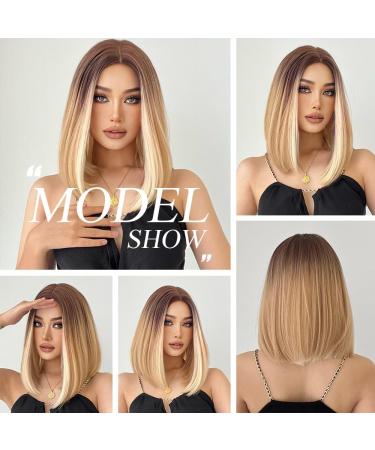 OUFEI 14 Short Straight Blonde Bob Wig with Brown Roots - Synthetic Hair for Women | Cosplay & Party Ombre Blonde Wig - Buy Online on GoSupps.com