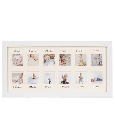 Wood Side Orbis First Year Newborn Baby Collage Keepsake Picture Frame for Photo Memories with Double Beige Mat and Twelve 2x2" Slots - White