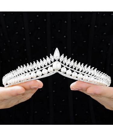 Obmyec Wedding Pearl Crystal Head Crown Silver Earring Tiaras Queen Rhinestone Headpiece Bridal Sparkly Party Hair Accessories for Women and Girls