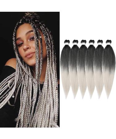 Pre-stretched Braiding Hair 26 inch 6 Packs Professional Kanekalon Synthetic Fiber Crochet EZ Braids Yaki Texture Braiding Hair Extensions (1B/Silver) 26 Inch (Pack of 6) T1B/Silver