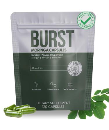 Burst 100% Organic Moringa Capsules Supports Energy Immunity & Vitality | Pure Moringa Oleifera Supplement | Rich in Vitamins Protein & Antioxidants | Vegan Non-GMO - 120 Capsules