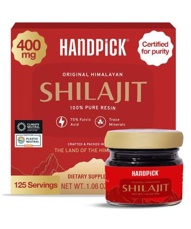 HANDPICK 400 mg Ultra Concentrated Pure Himalayan Shilajit Resin | 75% Fulvic Acid 85+ Minerals | Feel Masculinity High Potency Strength & Stamina I Lab Tested for Purity I 50 gm (125 Servings) Shilajit Resin 50gm