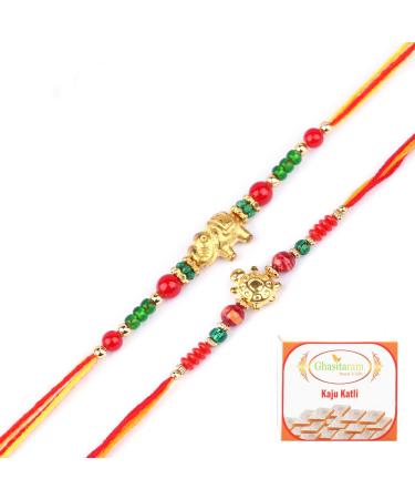 Ghasitaram Gifts Rakhi for Brother Rakhis Online - Set of 2-6043 and 6059 Rakhi Threads with 400 GMS of Kaju katli