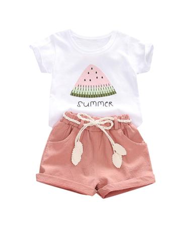 YOUNGER TREE Toddler Baby Girls Clothes Watermelon T-shirt + Linen Shorts with Belt Cute Summer Short Set 130 Pink