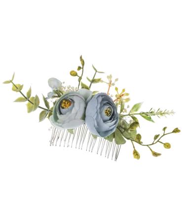 DreamLily Wedding Bridal Comb Camellia Hair Comb Ranunculus Green leaf Floral Clip Headpiece CM01 (BabyBlue)