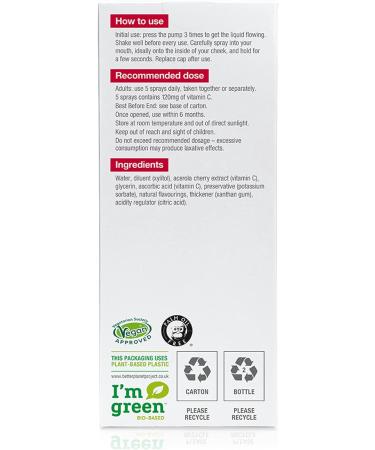BetterYou Vitamin C Oral Spray - 120mg Fruit-sourced Supplement, 1-Month Supply, UK Made - Natural Cherry and Blueberry Flavor - Buy Online on GoSupps.com