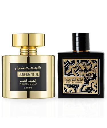LATTAFA Qaed Al Fursan EDP Spray 90ML & Confidential Private Gold EDP Spray 100ML Two Powerful Aromas That Leave A Lasting Impression. (TRIUMPH BUNDLE)